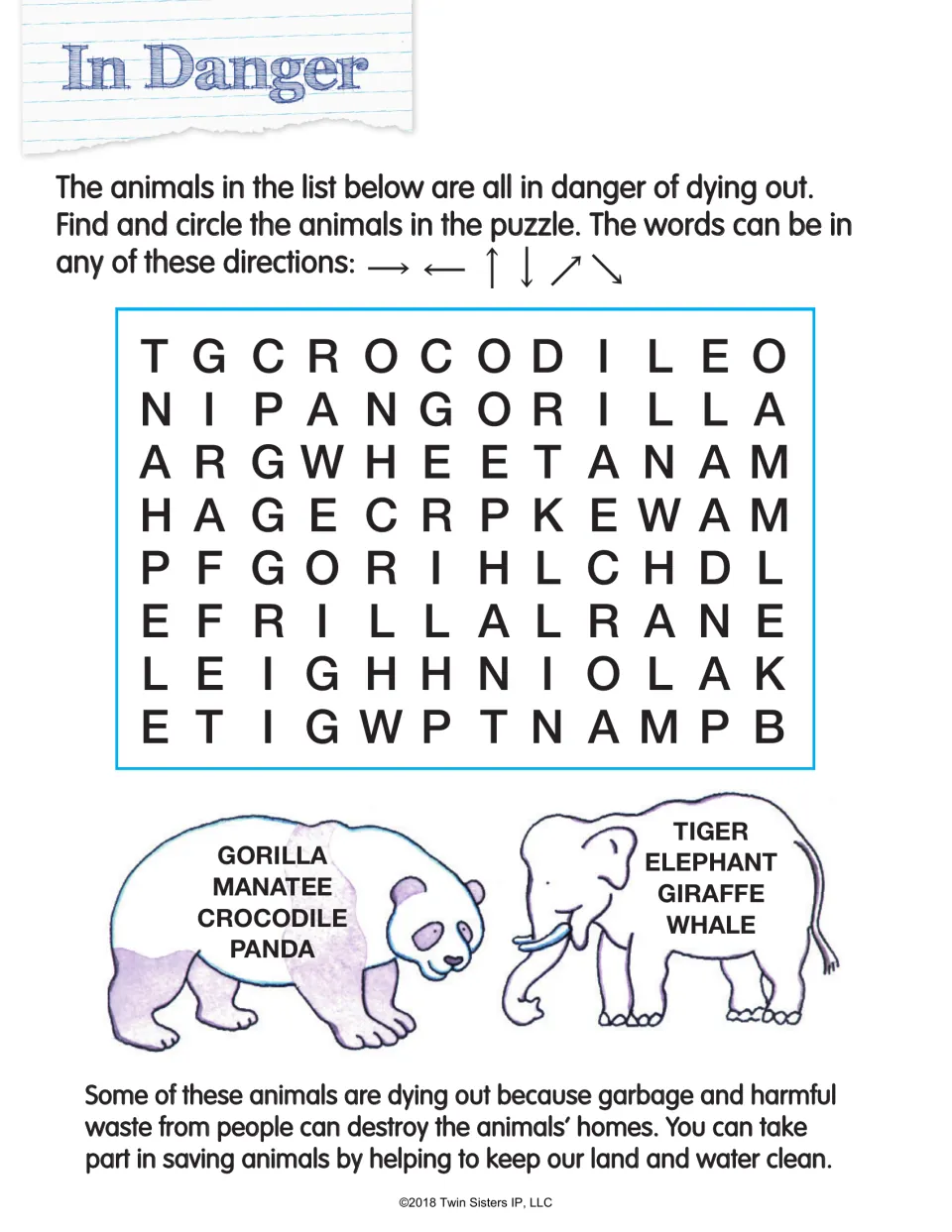 In Danger: students locate 8 endangered animals, including gorilla, manatee, panda and whale, hidden in a letter puzzle