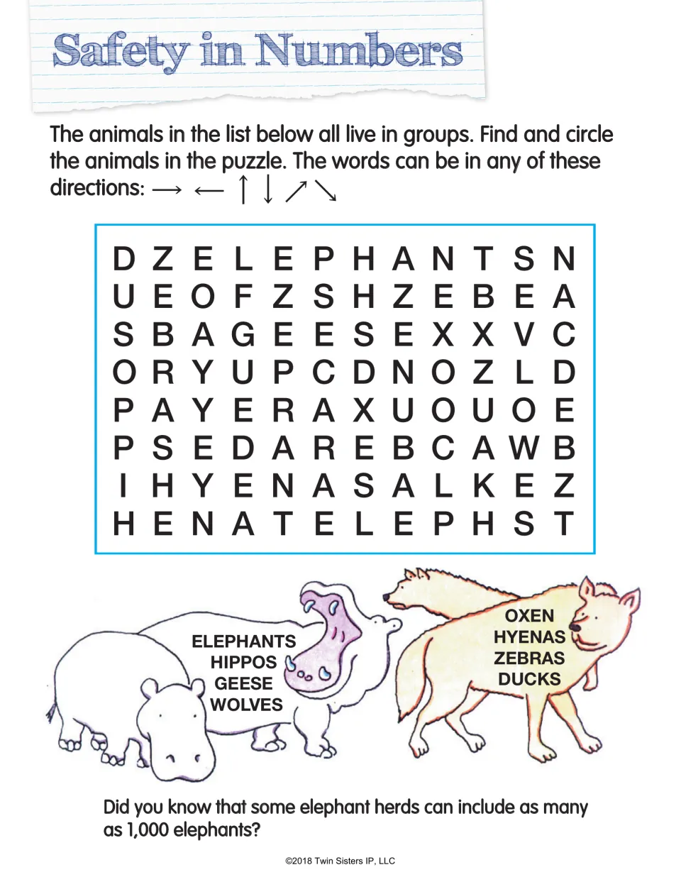 Safety in Numbers: students circle 8 animals that live in groups, such as elephants, hippos, wolves and zebras