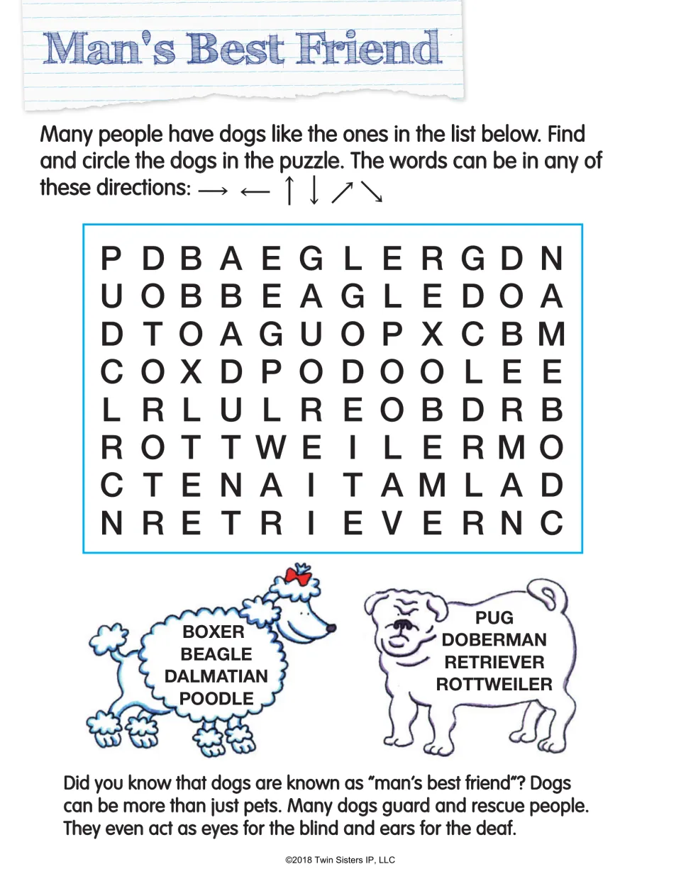 Man's Best Friend: students circle 8 dog breeds, including beagle, dalmatian, poodle and rottweiler, in a letter puzzle