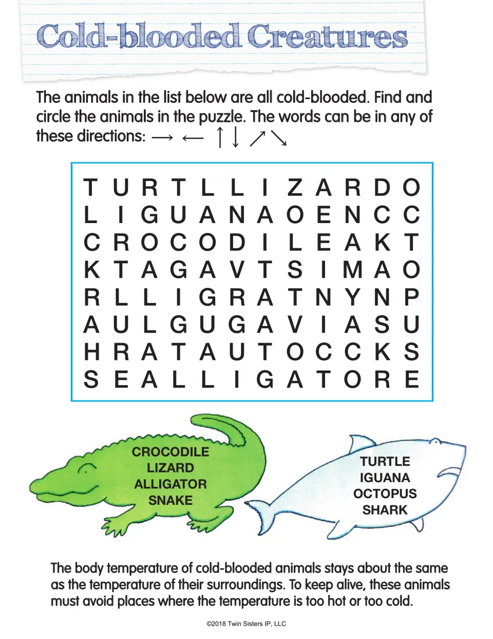 Cold-blooded Creatures: students find 8 animals like crocodile, iguana, octopus and shark, plus a body temperature fact