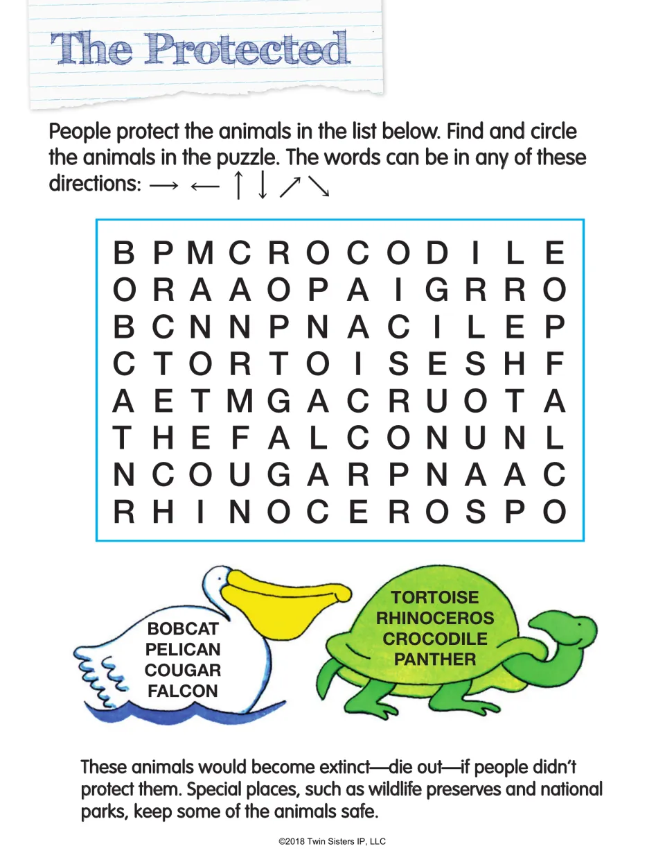 The Protected: students circle 8 animals people protect, such as falcon, pelican, tortoise and rhinoceros, in a puzzle