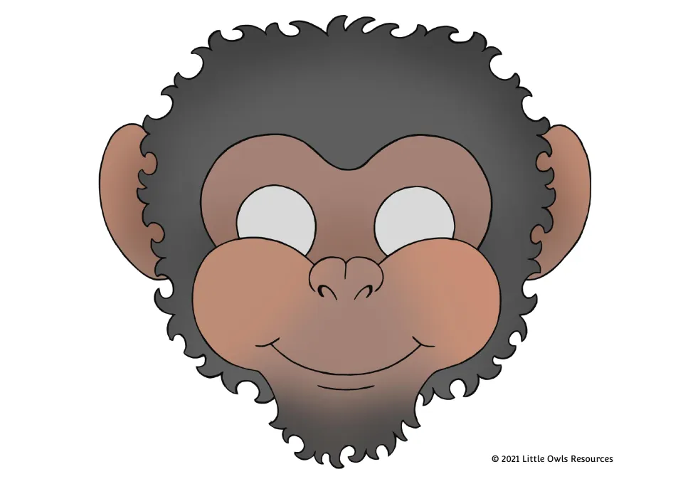 Full-color chimpanzee mask from the printable animal set, with dark fur, brown cheeks, and eye openings