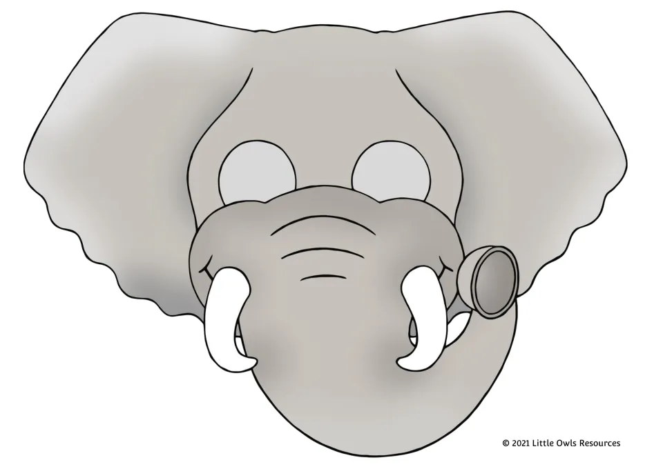 Full-color elephant mask from the printable animal set, with gray ears, a curled trunk, and white tusks