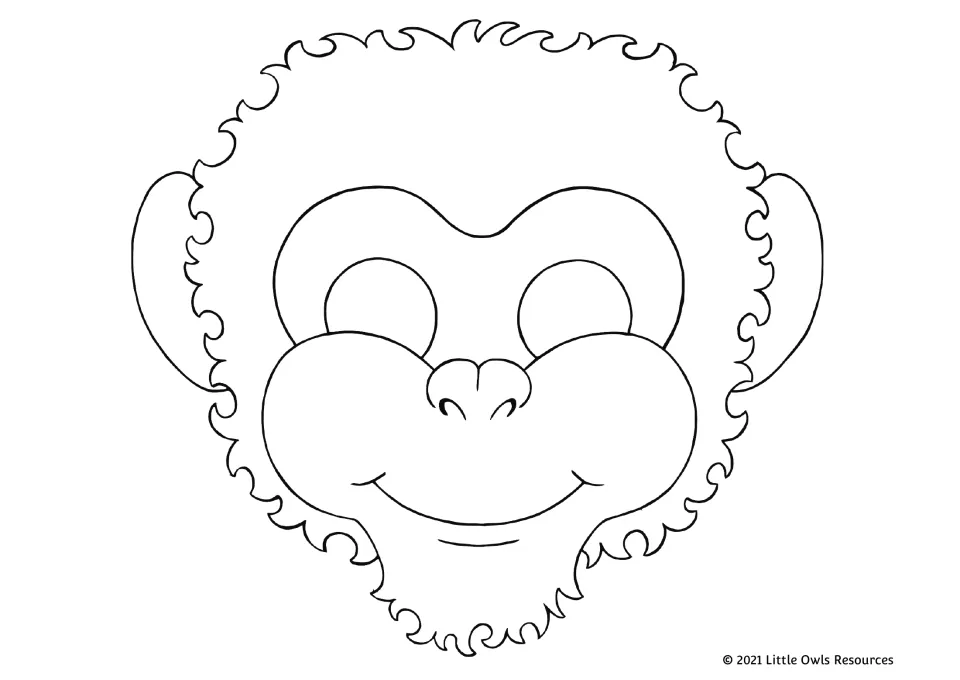 Chimpanzee mask coloring version from the printable animal set, with outlined fur, cheeks, and eye openings