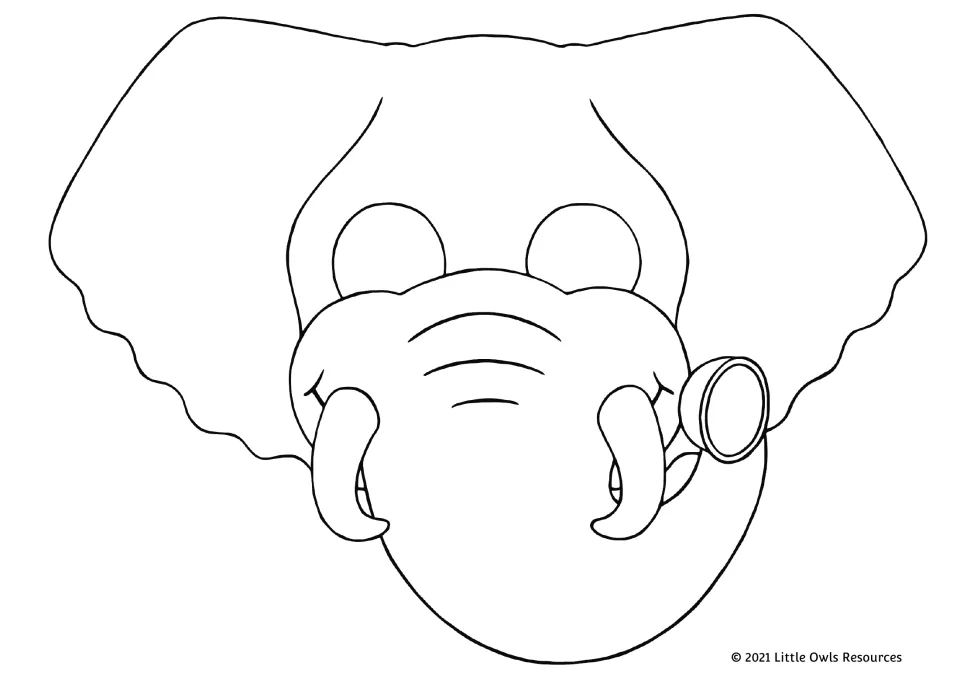 Elephant mask coloring version from the printable animal set, with broad ears, a curled trunk, and tusks