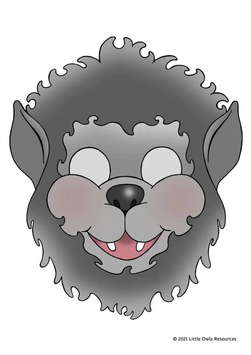 Full-color wolf mask from the printable animal set, with gray fur, pointed ears, and two white teeth