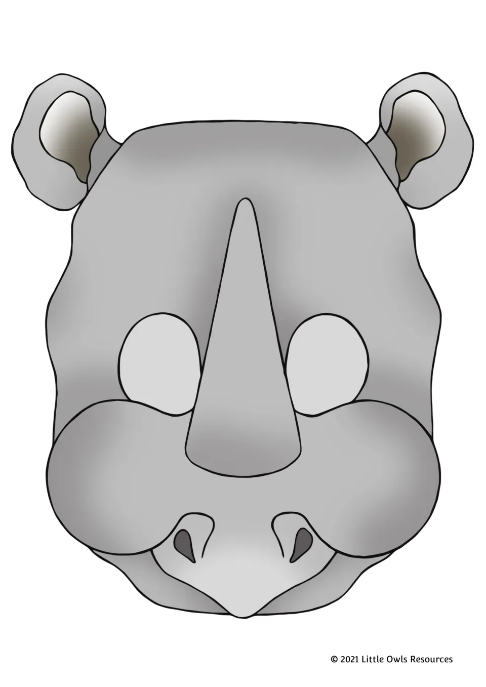 Full-color rhino mask from the printable animal set, with gray skin, rounded ears, and a tall central horn