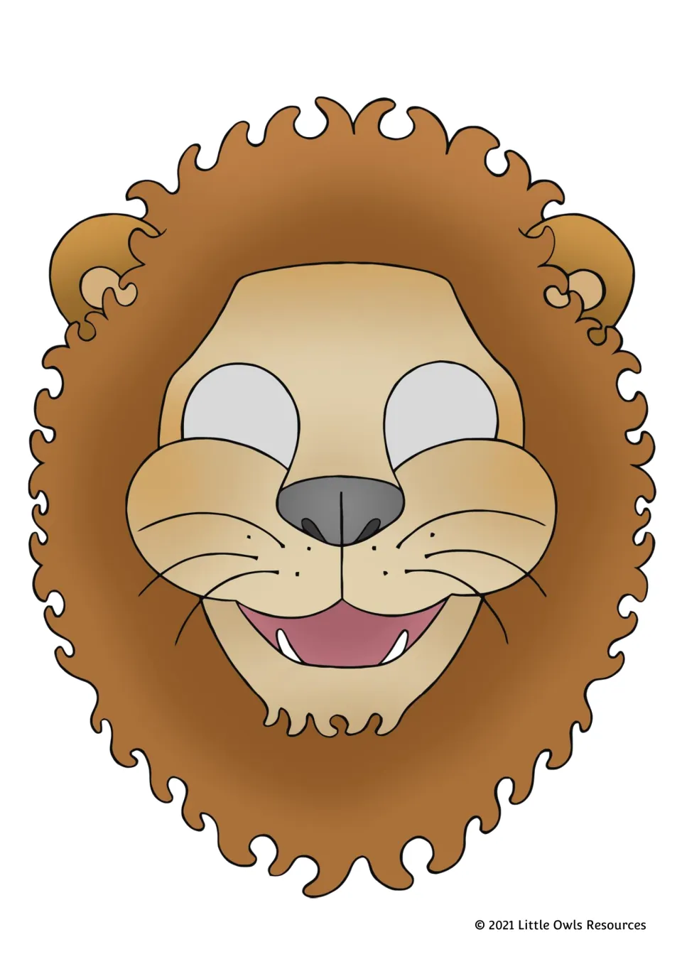 Full-color lion mask from the printable animal set, with a brown mane, whiskers, and an open smiling mouth