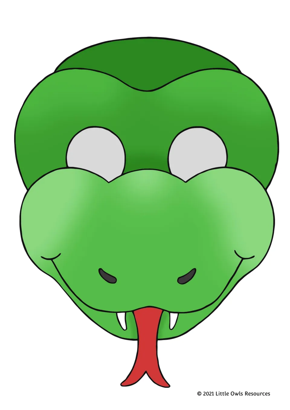Full-color snake mask from the printable animal set, with a green face, white fangs, and red forked tongue