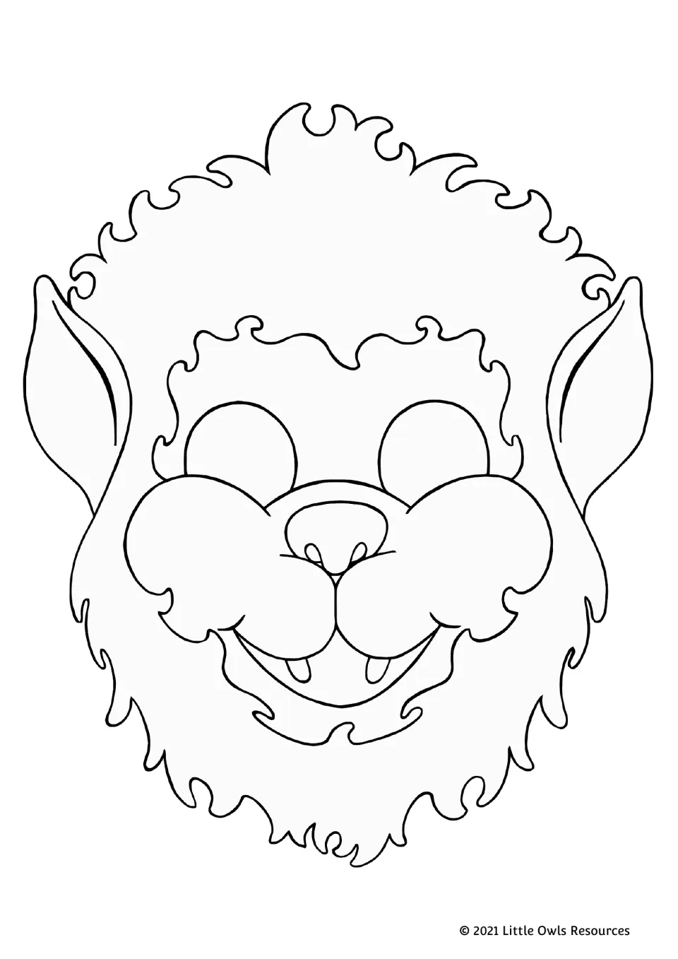 Wolf mask coloring version from the printable animal set, with pointed ears, shaggy fur, and two teeth