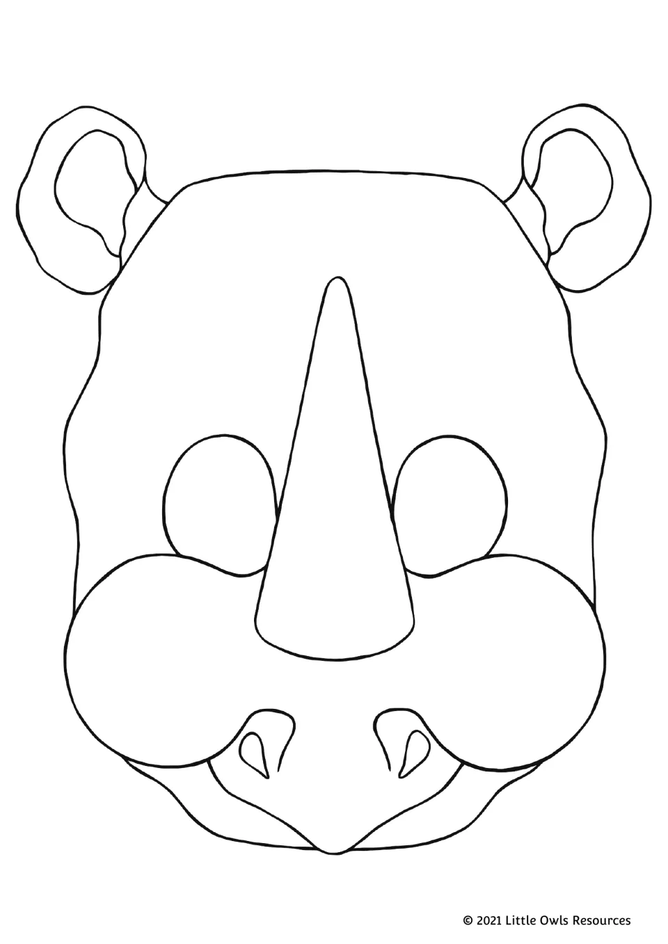 Rhino mask coloring version from the printable animal set, with rounded ears, a tall horn, and nostrils
