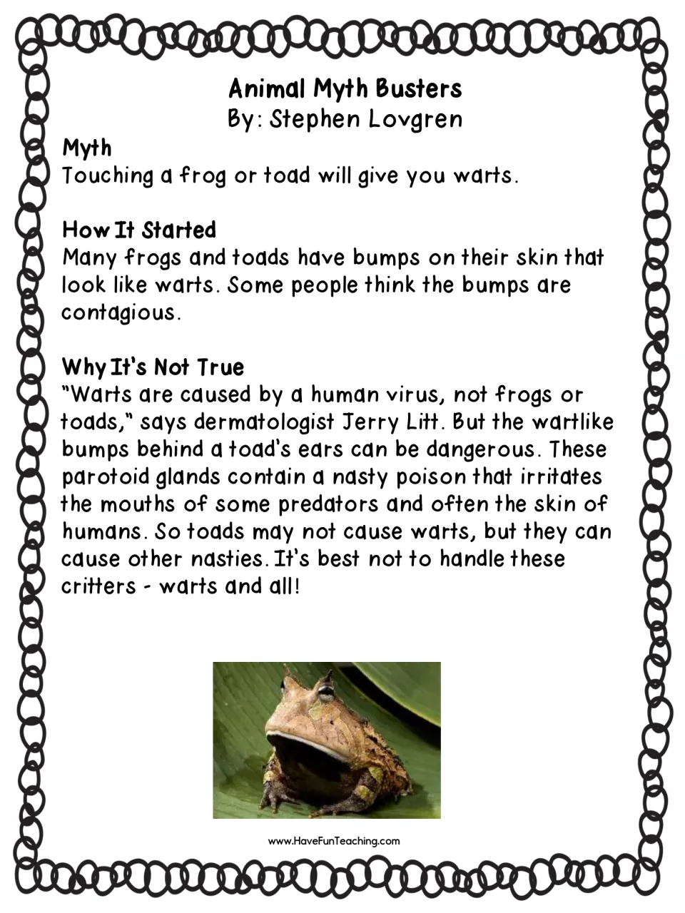 Frog and toad warts myth: reading passage explaining how the myth started and why it is not true, quoting a dermatologist