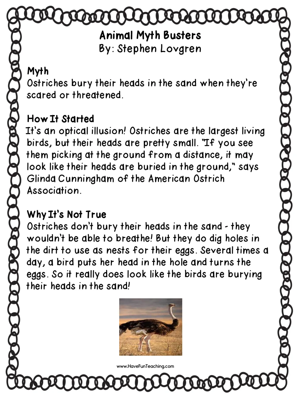 Ostrich head-in-sand myth: reading passage on the optical illusion behind it and why ostriches don't bury their heads