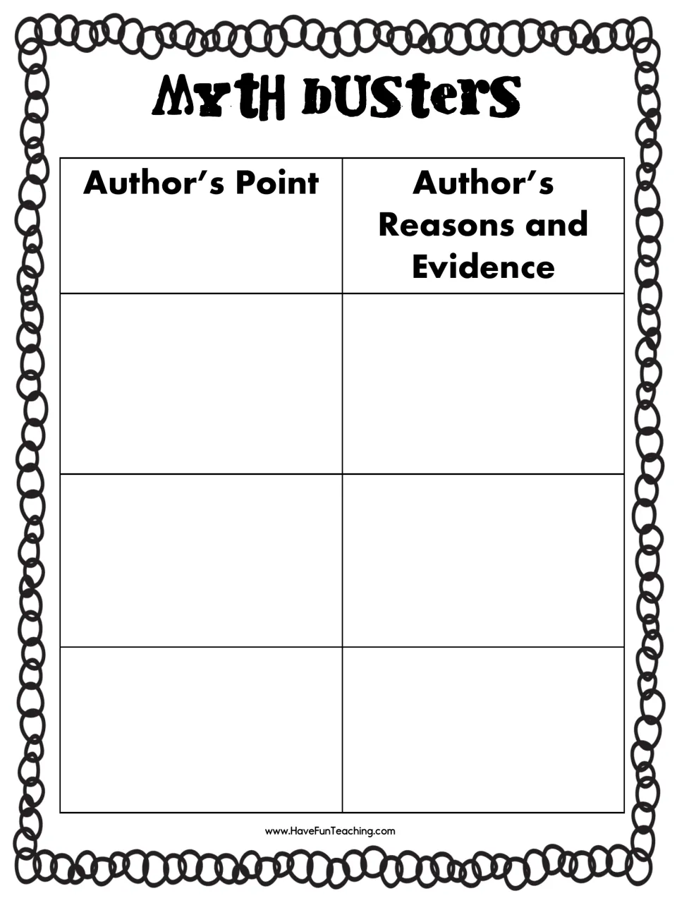 Myth Busters organizer: students record the author's point and the author's reasons and evidence from each passage