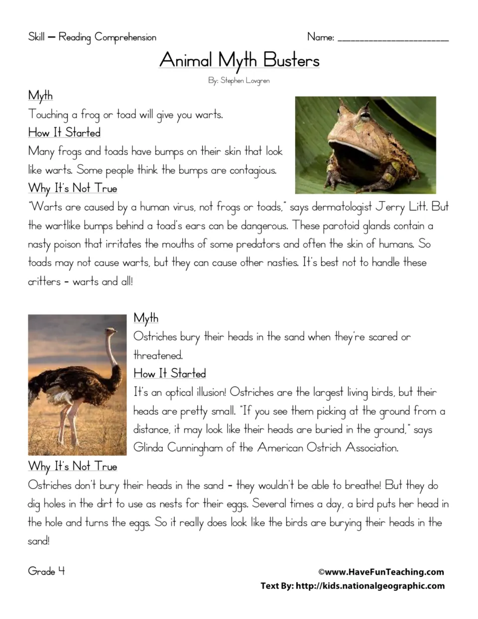 Reading passage explaining myths about frogs and toads causing warts and ostriches burying their heads in sand.