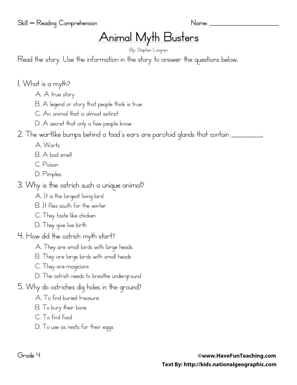 Five multiple-choice questions on animal myths, toad poison glands, ostrich size, and nesting behavior.