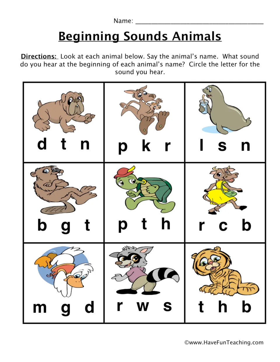 Beginning sounds: students name 9 animals, such as a dog, kangaroo and turtle, and circle the letter for each first sound