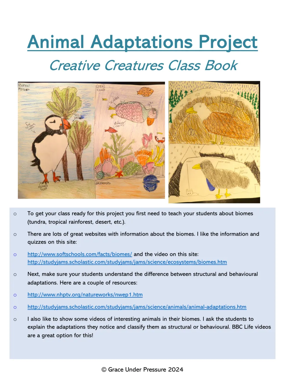 Animal Adaptations Project prep notes: teach biomes and structural vs. behavioural adaptations, with student creature art