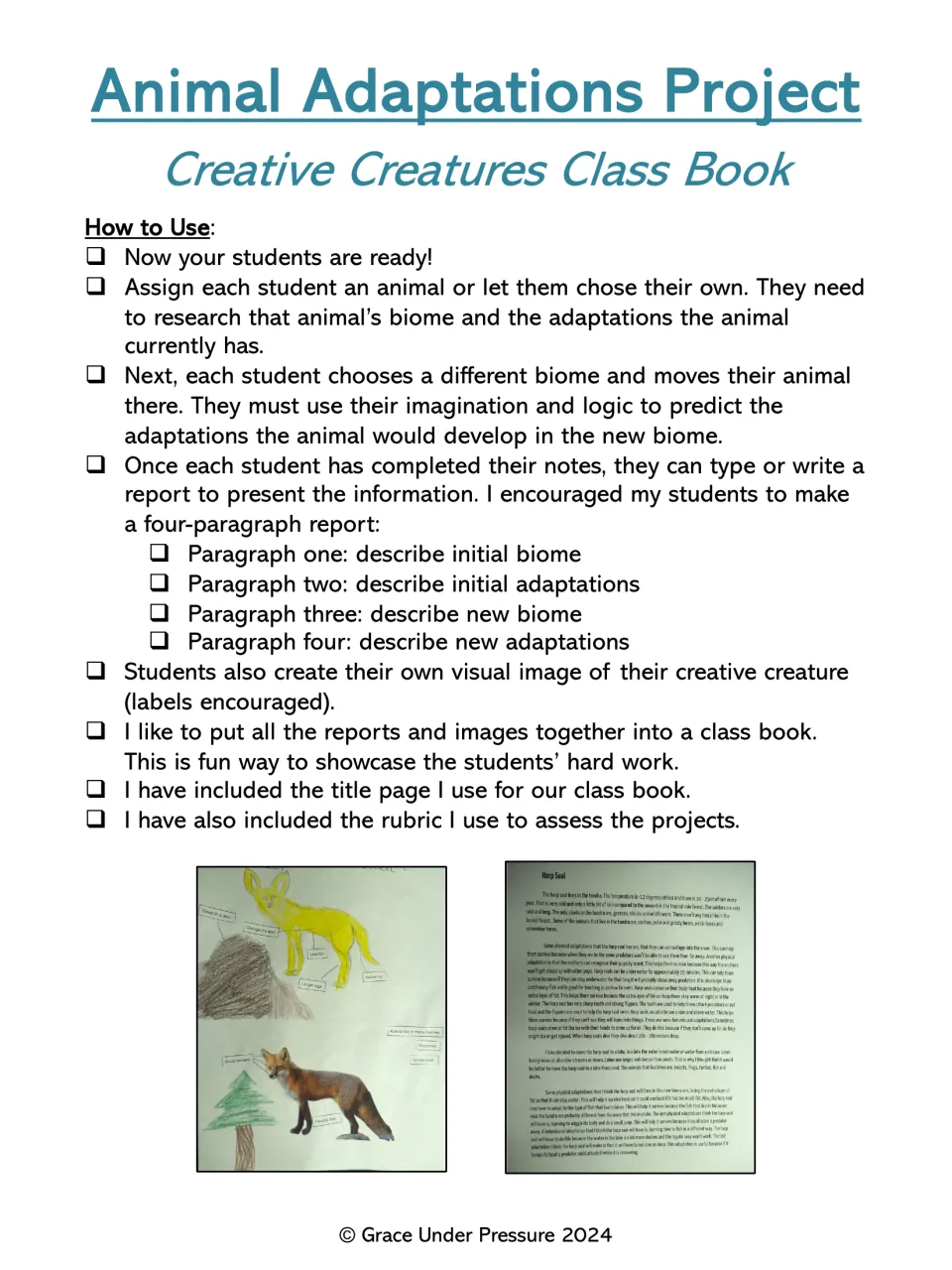How to Use: students research an animal, move it to a new biome, predict adaptations and write a four-paragraph report
