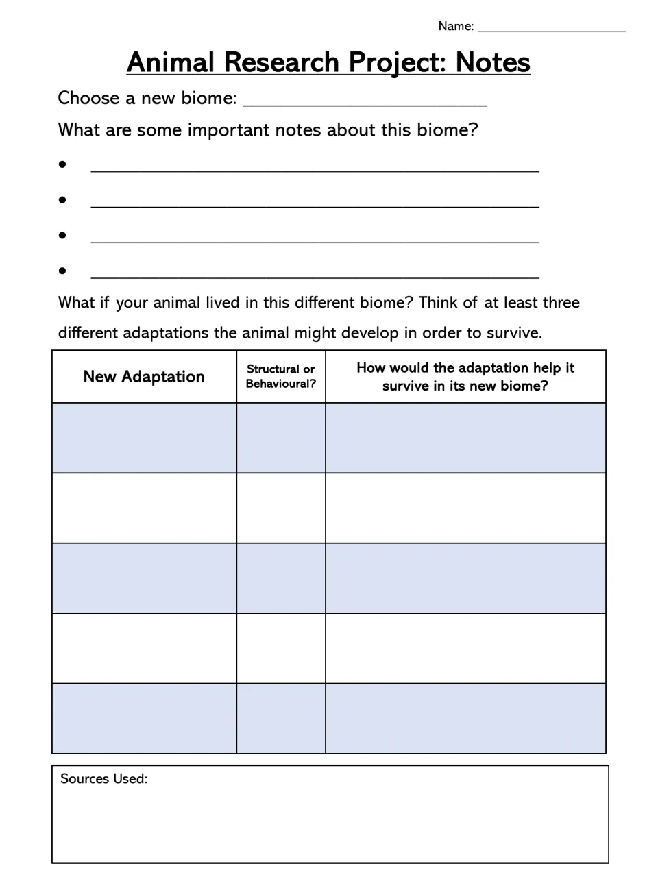 New biome notes: students pick a different biome and predict at least three adaptations their animal might develop there