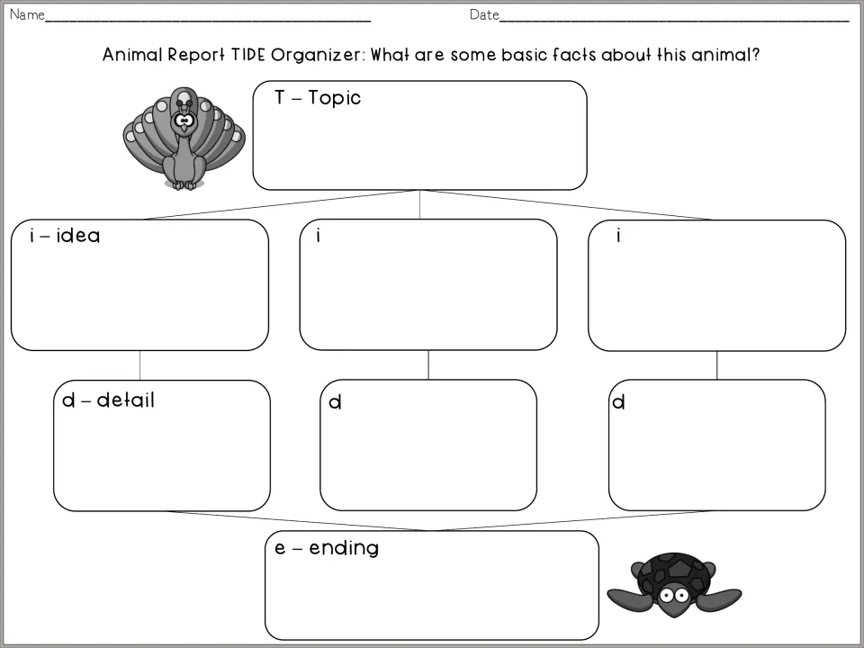 Second paragraph TIDE organizer asks for basic animal facts, with a topic, three ideas, details, and ending.