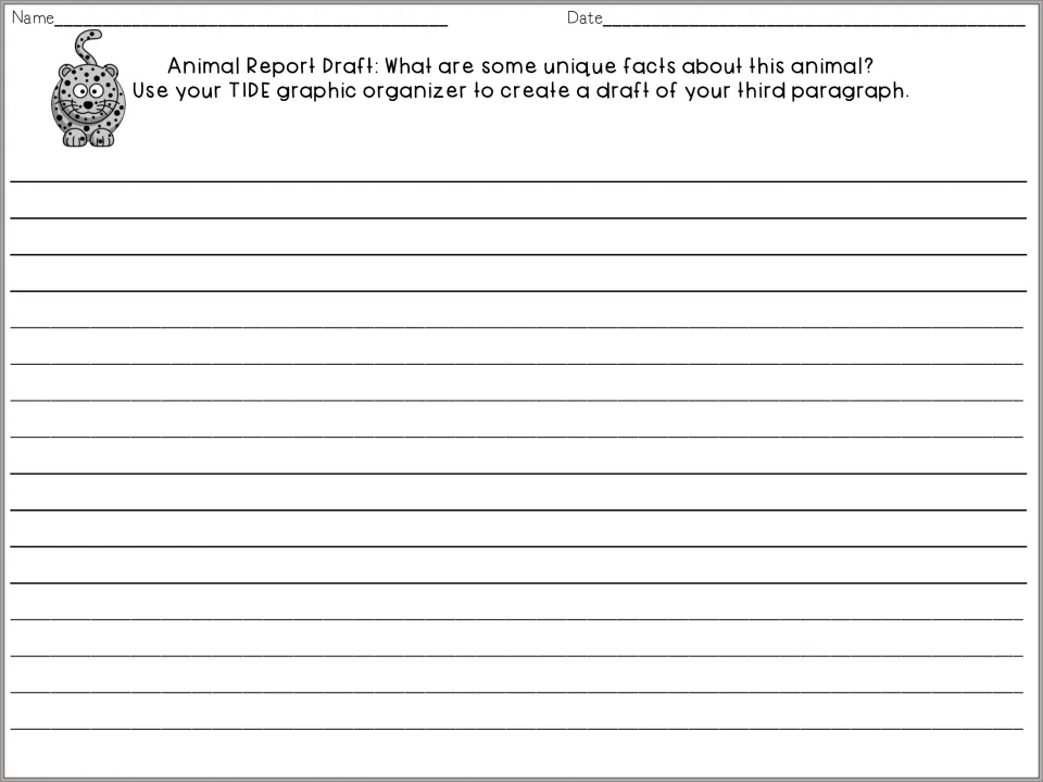 Third paragraph draft page asks for unique animal facts and directs students to use their TIDE organizer.