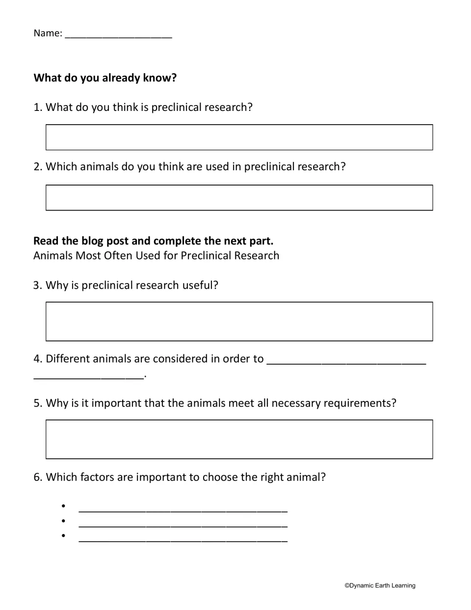 Preclinical research questions: students note what they already know, then read a blog post and answer questions 3 to 6