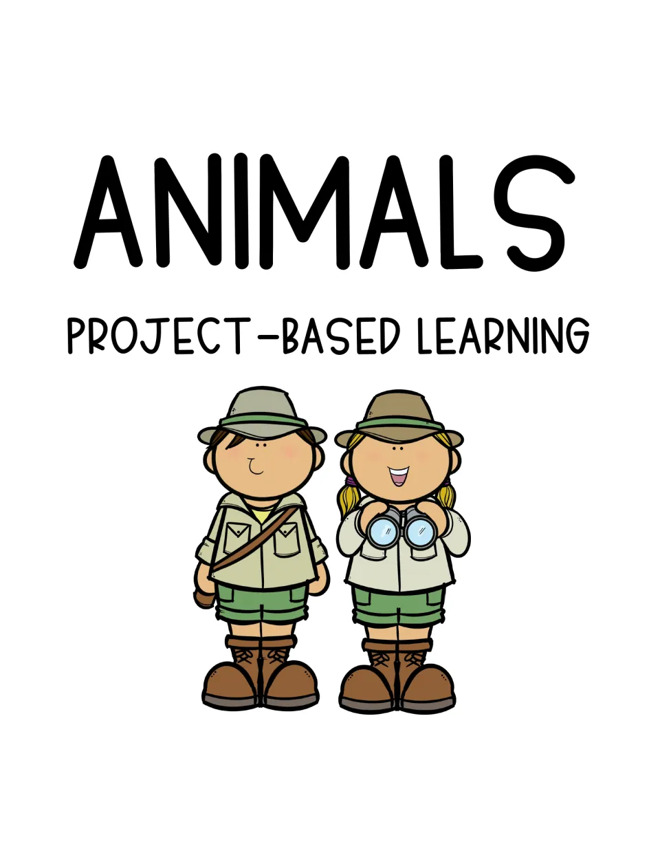 Animals project-based learning cover showing two cartoon kid explorers in safari hats, one holding binoculars