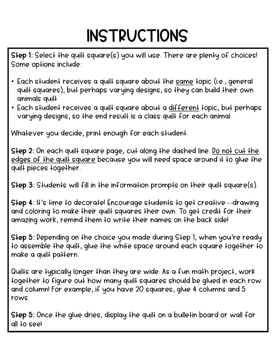 Quilt project instructions: steps to choose squares, cut, fill in animal facts, decorate, glue rows and columns, and display