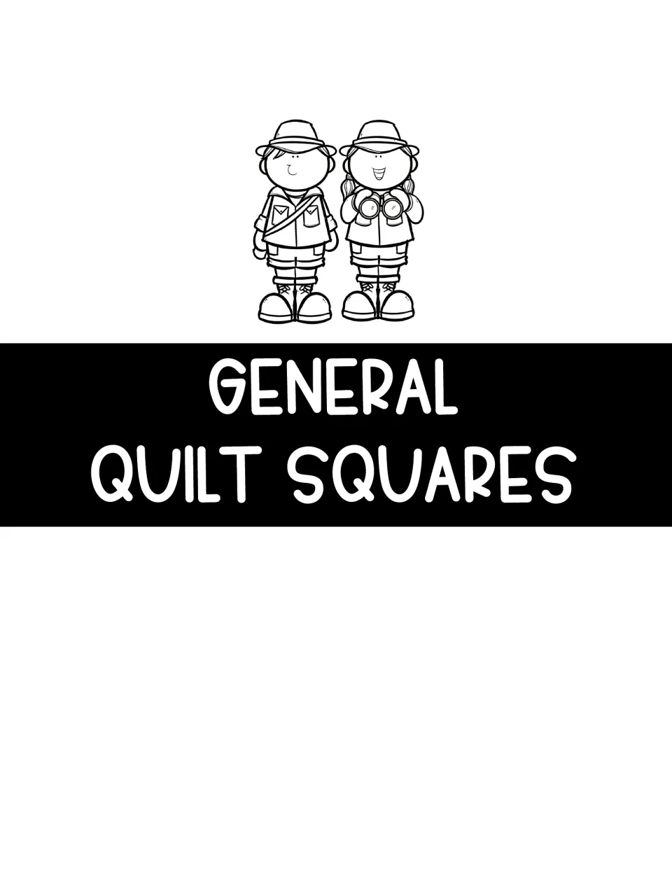 General Quilt Squares section title introducing the animal fact quilt squares, shown with two explorer kids in safari gear