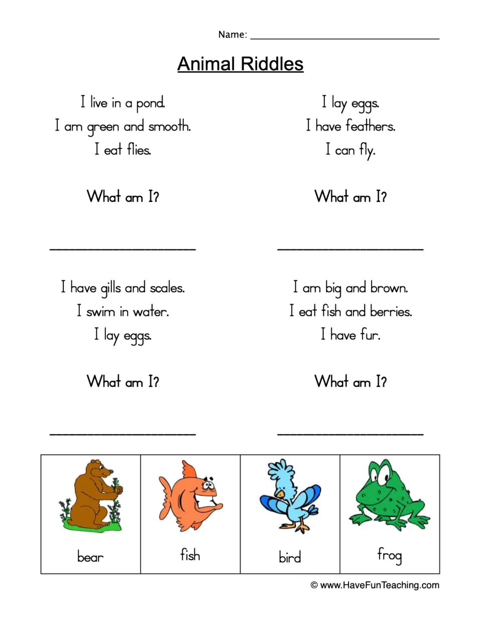 Animal riddles: students read four clues and write what animal each is, choosing from bear, fish, bird and frog