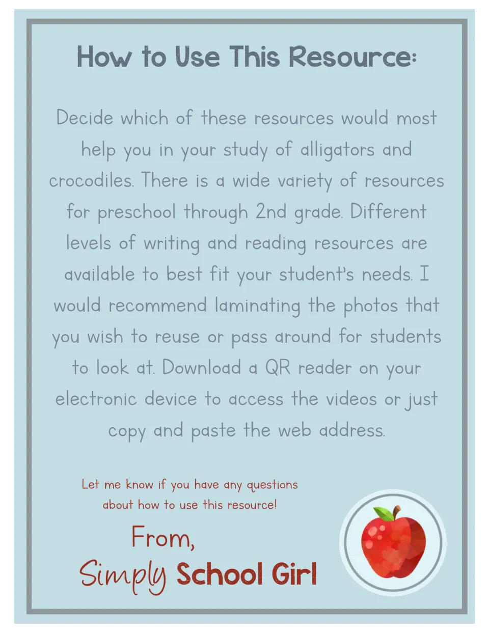 Teacher instructions explain choosing resources, laminating reusable photos, and accessing video links