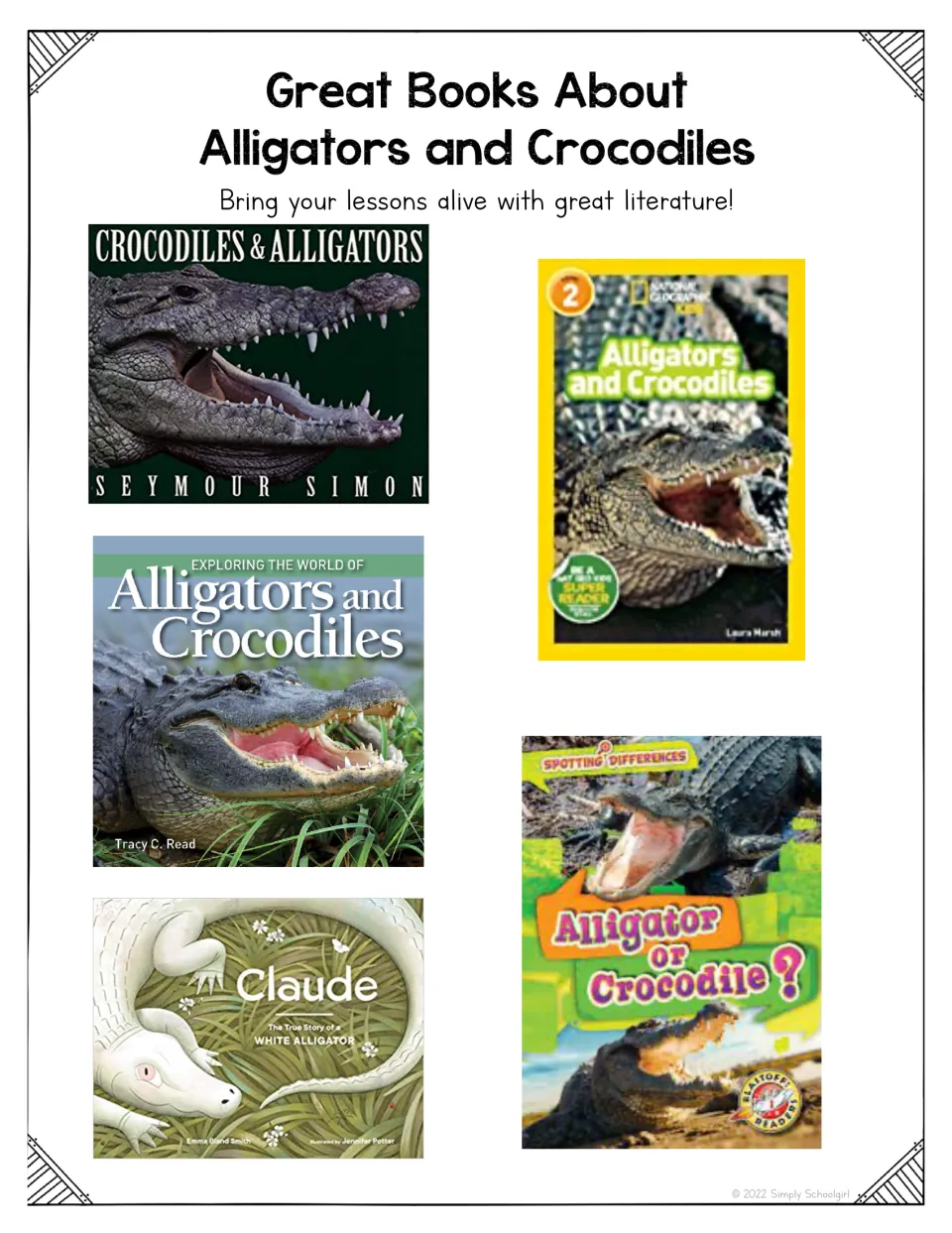 Book list presents five alligator and crocodile titles, including Claude: The True Story of a White Alligator
