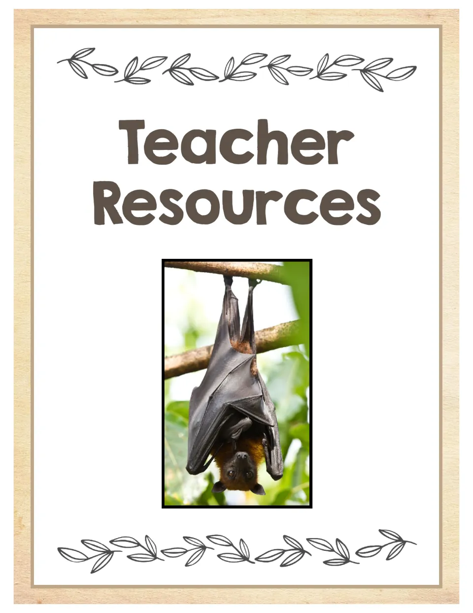 Teacher Resources section cover introduces the bat unit's teaching materials with a hanging bat photograph