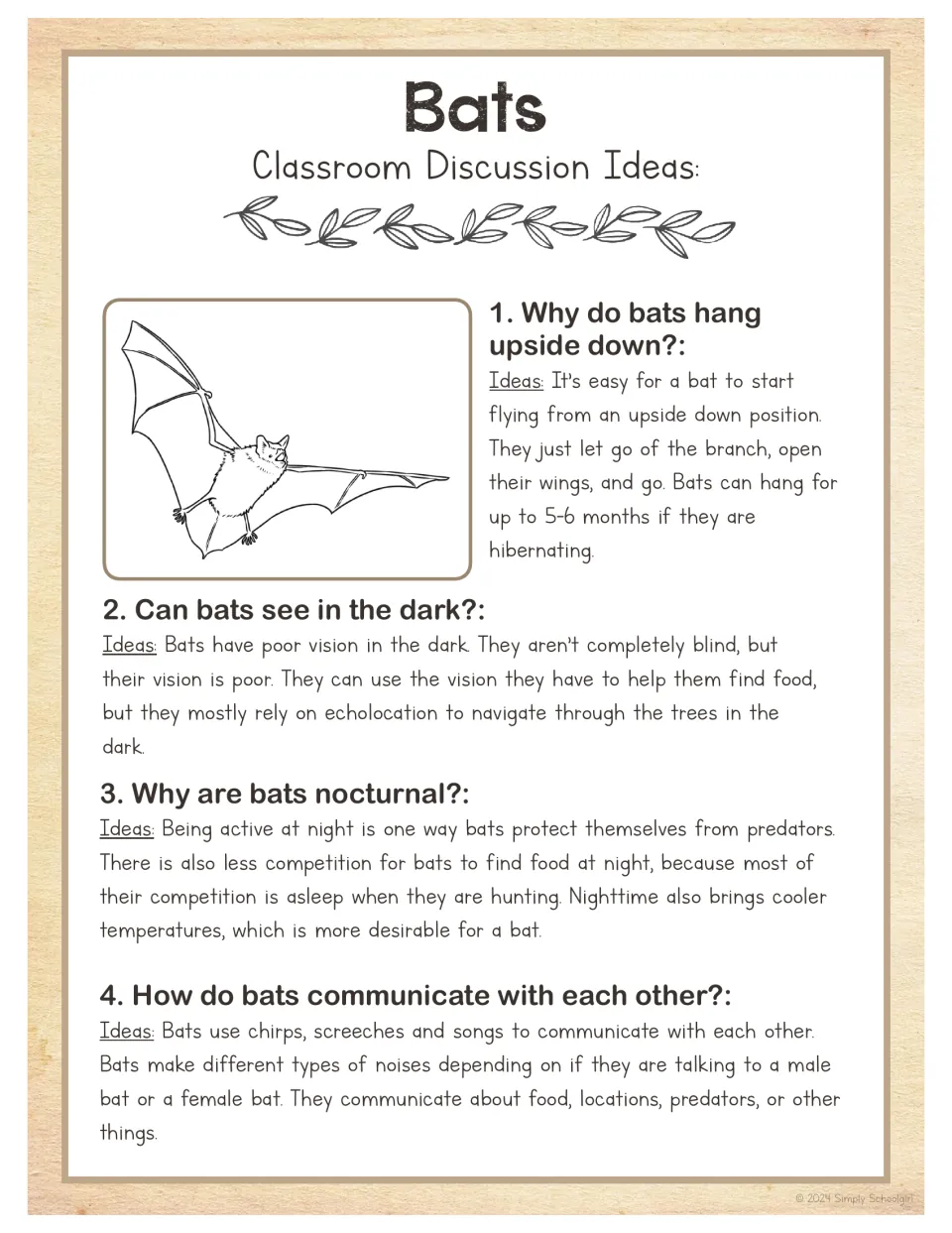 Bat classroom discussion guide offers four questions about hanging upside down, vision, night activity, and calls