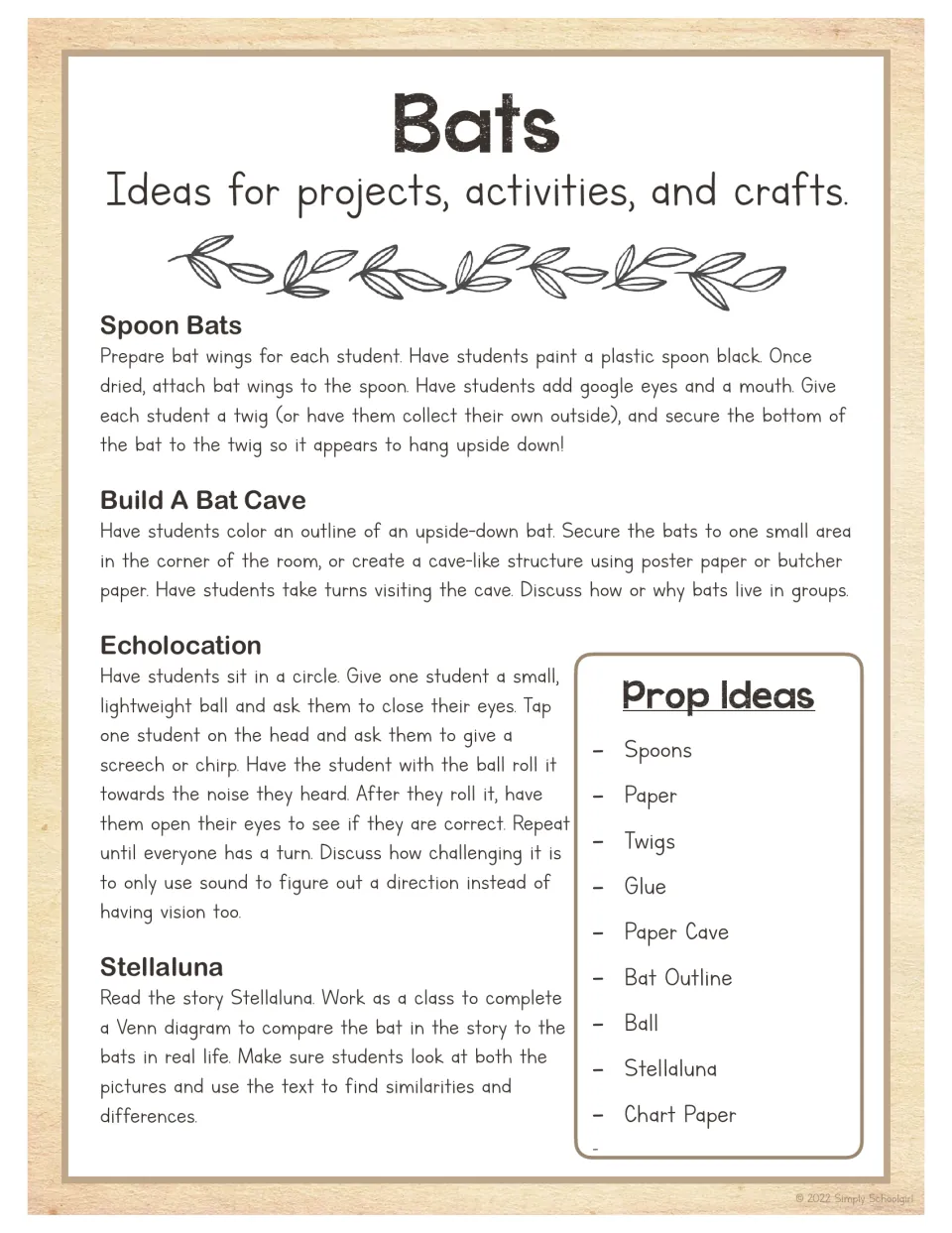 Bat activity guide includes spoon bats, a classroom cave, an echolocation activity, and a Stellaluna comparison