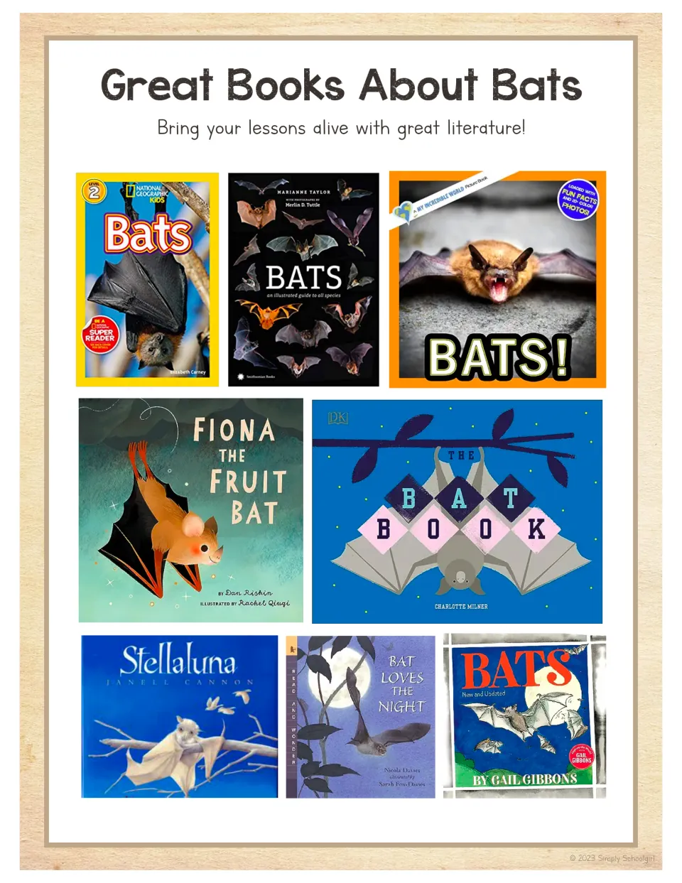 Bat literature guide shows eight book covers, including Stellaluna, Fiona the Fruit Bat, and The Bat Book