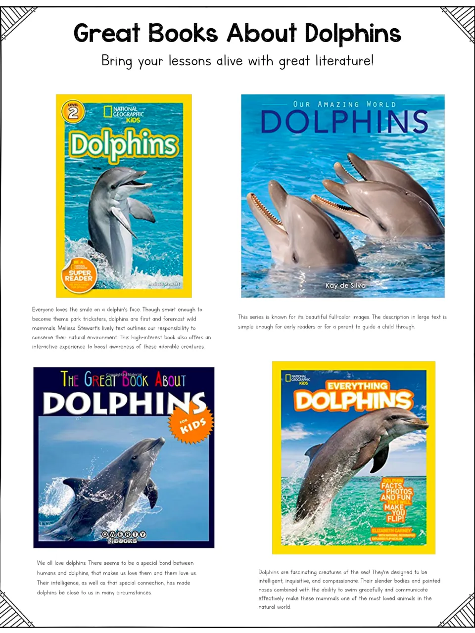Dolphin book suggestion page presents four titles, including 'Everything Dolphins,' with descriptions