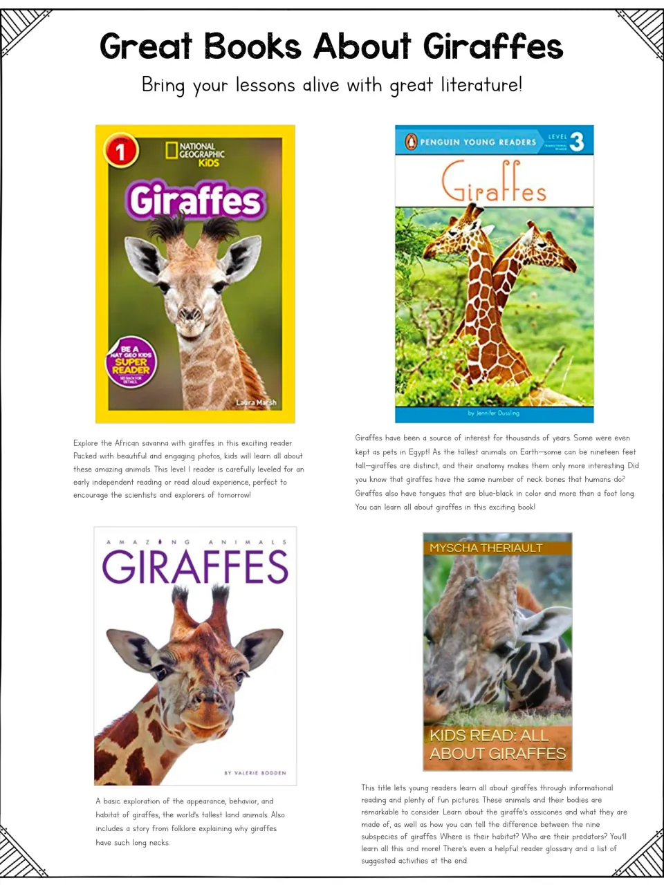 Giraffe unit book list presents four reading selections with cover images and descriptions of their content