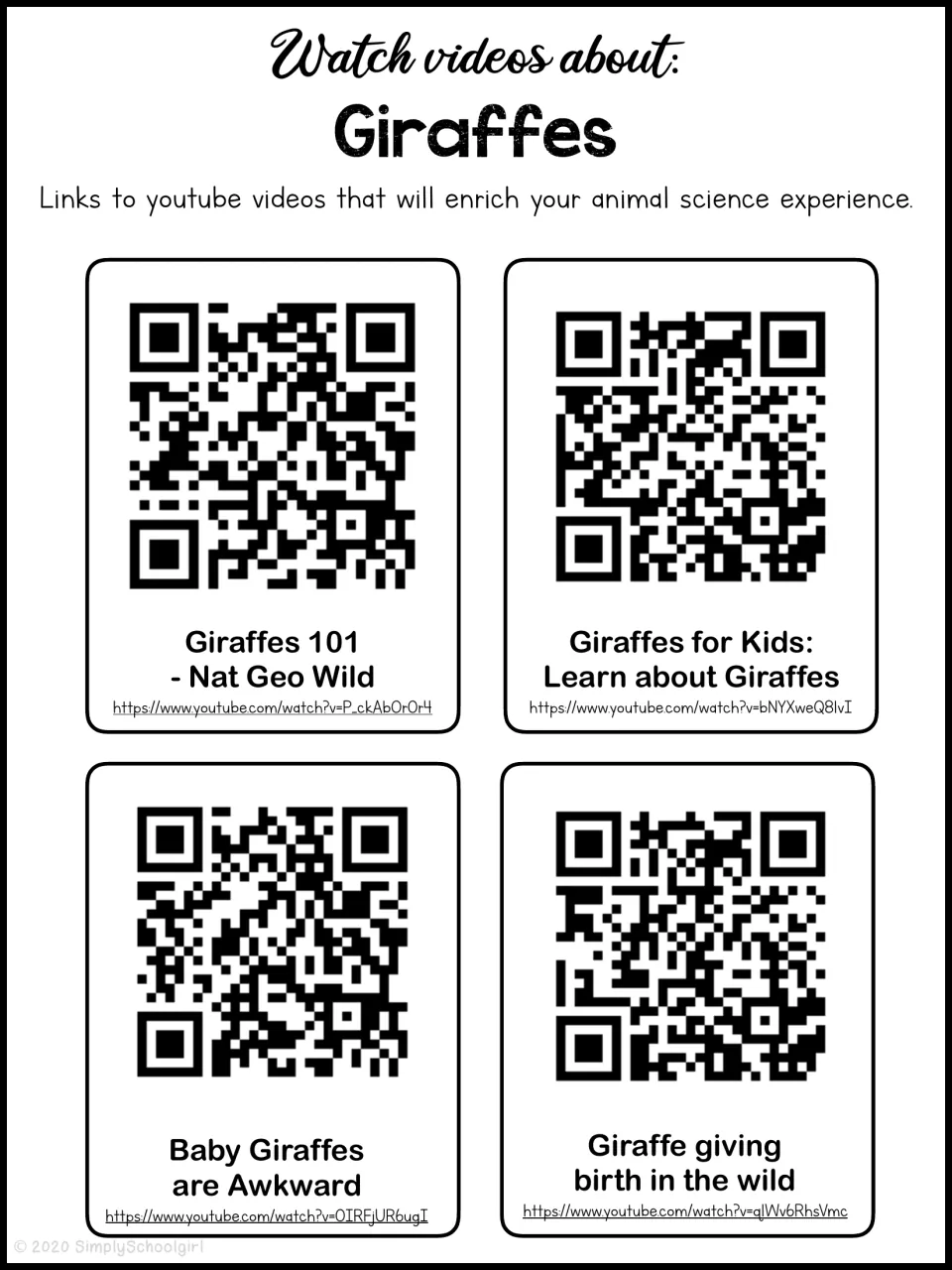 Giraffe unit video list includes four QR codes and links about giraffe facts, baby giraffes, and birth