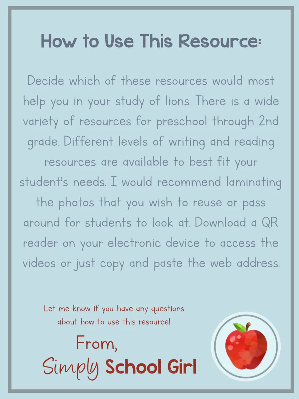 Teacher guidance for choosing reading and writing resources, laminating photos, and accessing videos