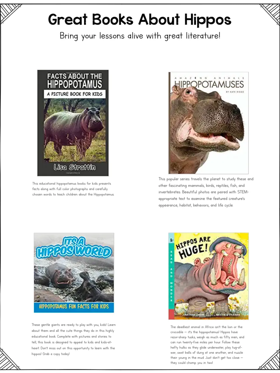Hippo book recommendations include Facts About the Hippopotamus, Hippopotamuses, and two more titles