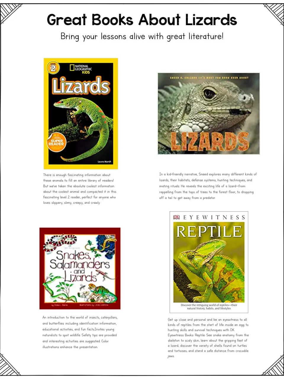 Suggested reading page featuring four books about lizards and reptiles, with covers and descriptions