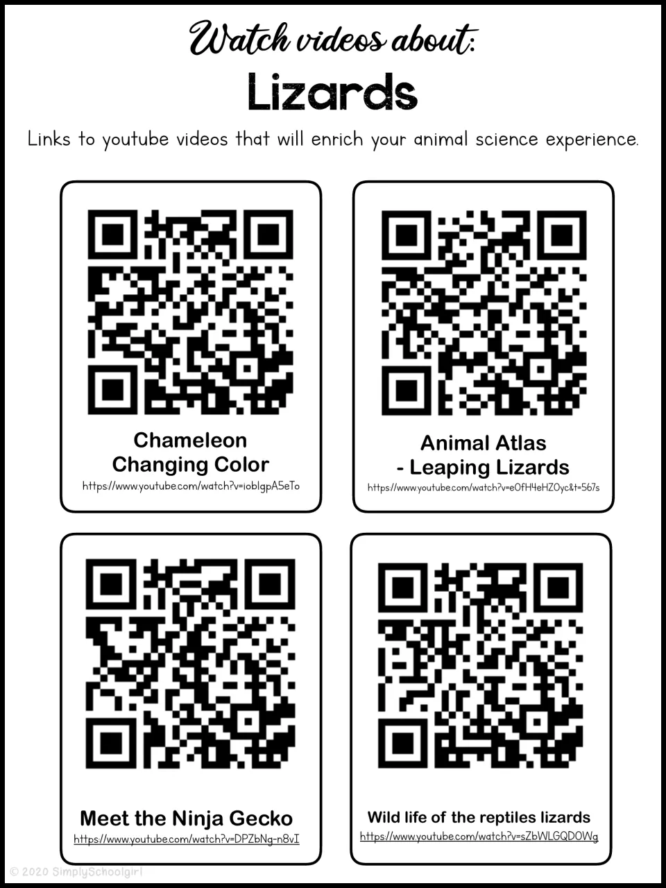 Video reference page with four QR codes and links about chameleon color changes, geckos, and other lizards
