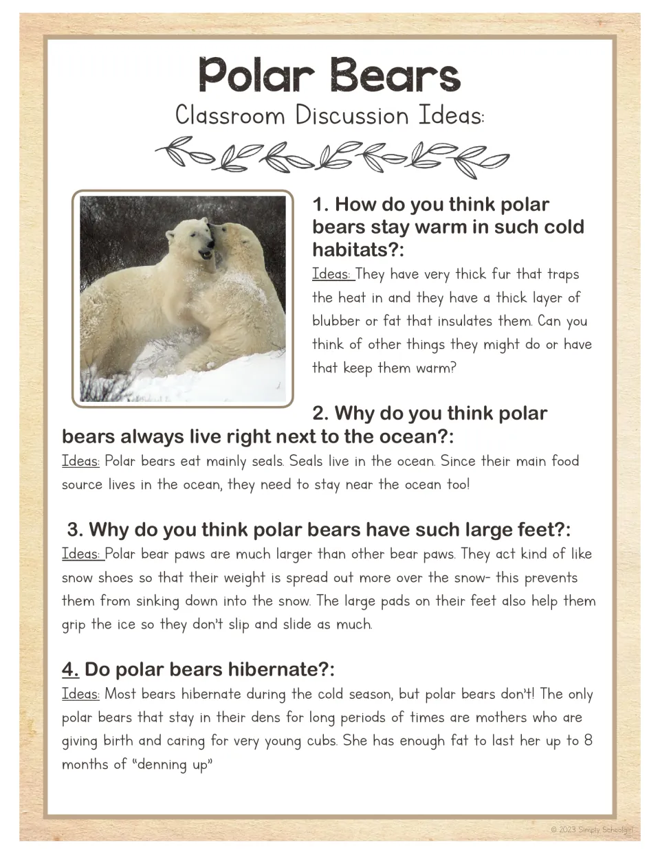 Teacher discussion guide asks four questions about polar bear warmth, ocean habitats, large feet, and denning