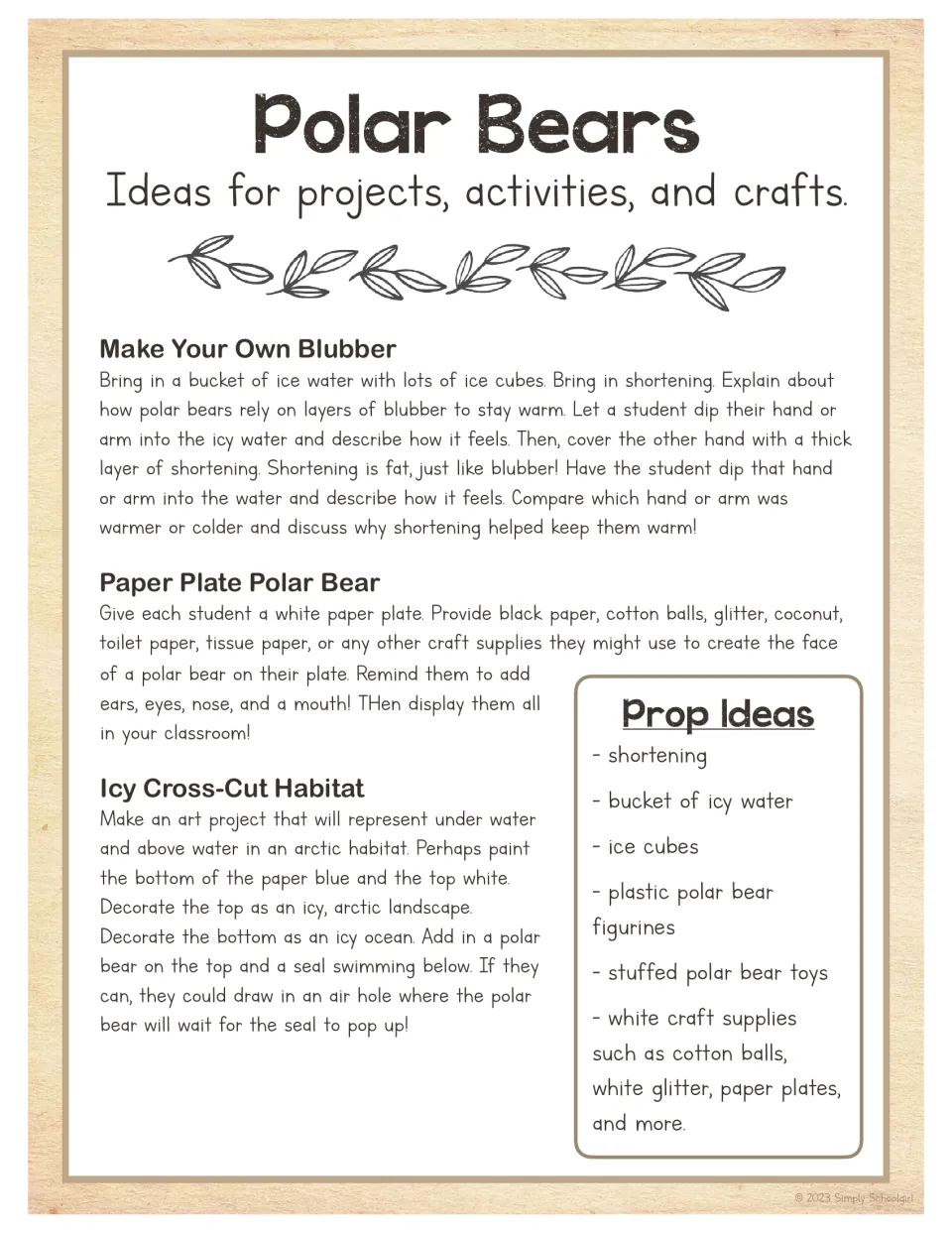 Polar bear activity guide includes a blubber experiment, paper plate bear, icy habitat art, and prop ideas