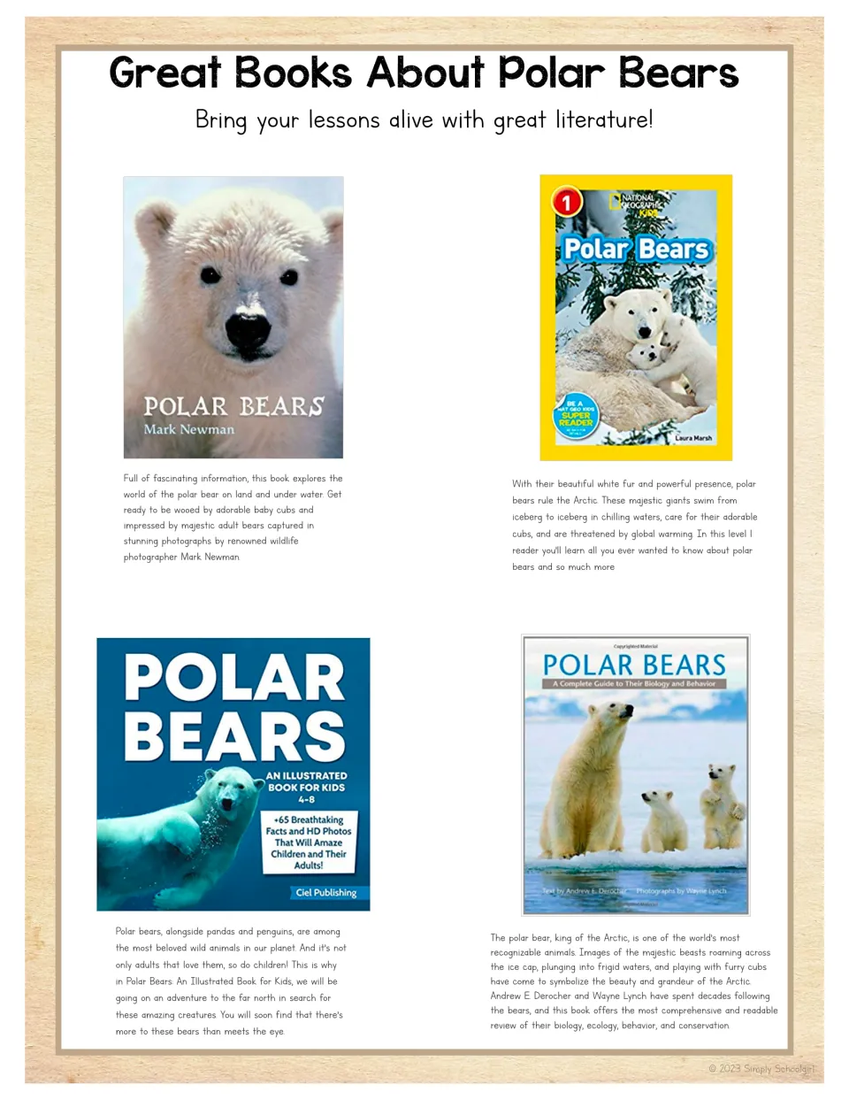 Teacher book list presents four polar bear titles, including books by Mark Newman and Laura Marsh