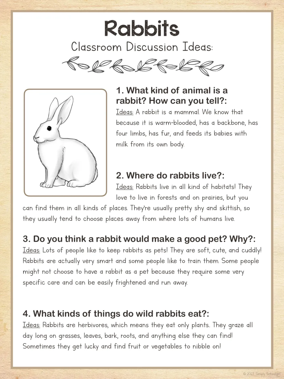 Rabbit discussion guide with four questions and suggested responses about classification, habitats, pets, and diet