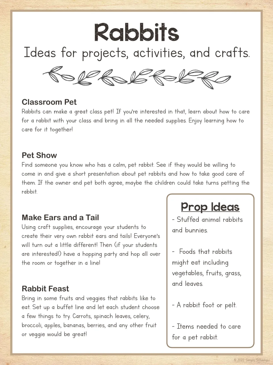 Rabbit activity guide suggesting a classroom pet, pet show, ears and tail craft, rabbit feast, and props