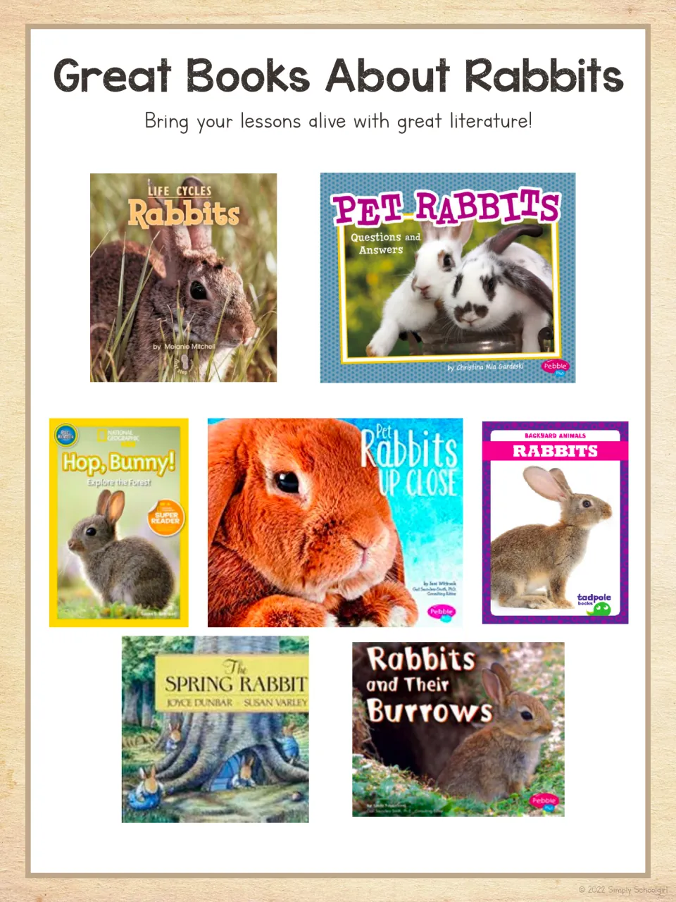 Rabbit unit book suggestions featuring seven titles, including 'Hop, Bunny!' and 'Rabbits and Their Burrows'
